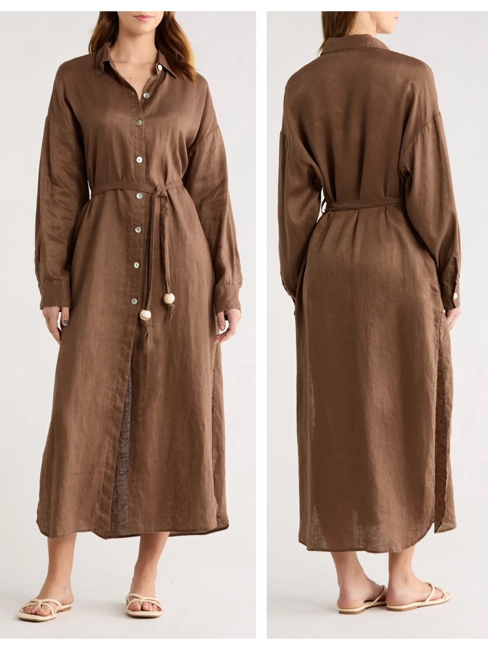 Elan Brown Linen Maxi Shirt Dress Small NWT Button Front Tie Waist $120